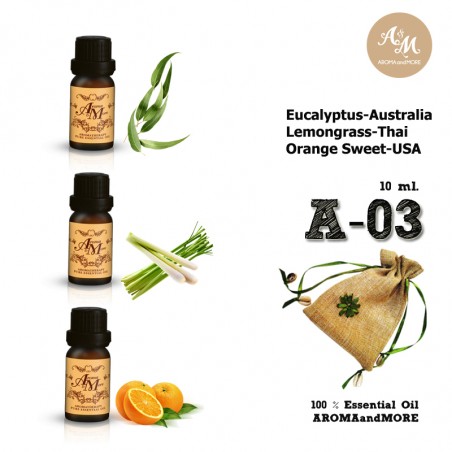 A-03 ชุดเซทน้ำมันหอมระเหยแท้ 100% 3 กลิ่น ขนาด 10ml-Eucalyptus/Lemongrass/Orange sweet 10 mlx3