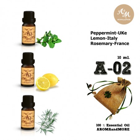 A-02 ชุดเซทน้ำมันหอมระเหยแท้ 100% 3 กลิ่น Rosemary / Lemon / Peppermint  10mlx3