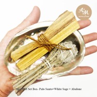 01-Mini gift set ชุดเซทไม้หอมพาโล ซานโต+ไวท์ เสจ+เปลือกหอยอะบาโลน ในกล่องของขวัญ