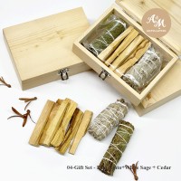 04-Gift Set Palo santo+ White sage+Cedar in a wooden box.