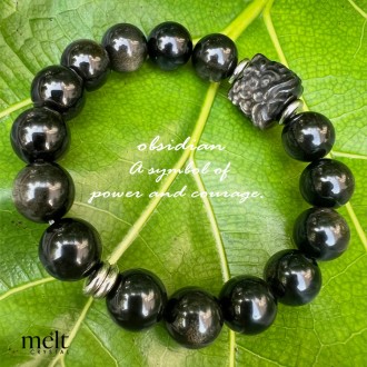 Obsidian สร้อยข้อมือหินออบซิเดียน 12mm พร้อม charm หัวสิงโต สัญลักษณ์แห่งความแข็งแกร่งและความกล้าหาญ