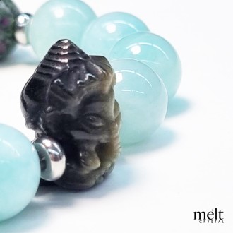 Amazonite + Ruby zoisite + Obsidian(Ganesha charm)- Manifest Your Path-12mm