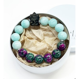 Amazonite + Ruby zoisite + Obsidian(Ganesha charm)- Manifest Your Path-12mm