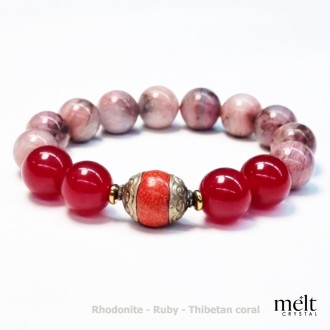 Rhodonite+Ruby+Tibetan Coral Bracelet  "The Power of Love and Courage" 12mm